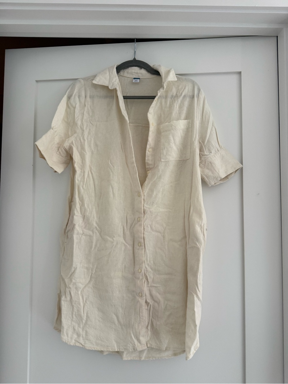 Womens Casual Short-Sleeve Button-Up Dress - Cream/ think linen